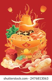 There are many ingredients in the hot pot, mushrooms, meat slices and vegetables