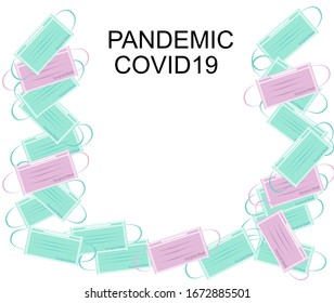 There are many masks around on white background with mock up information in a block . .There’s copy space for your text.