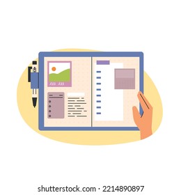 There are many notes written in the diary. flat vector illustration.