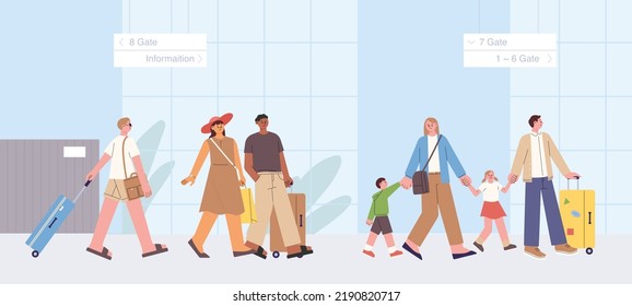 There are many passengers with suitcases at the airport. flat design style vector illustration.