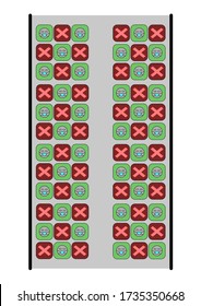 There are many seats in cabin of airplane and some seats have a red cross of symbol mean could not sit there. Social distancing in new normal. Covid-19 pandemic.Vector illustration.