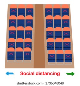 There are many seats in cabin of airplane and some seats have a red cross of symbol mean could not sit there. Social distancing in new normal. Covid-19 pandemic. Vector illustration