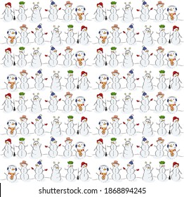 There are many snowmen in different clothes with carrot noses. Snowmen in funny hats.