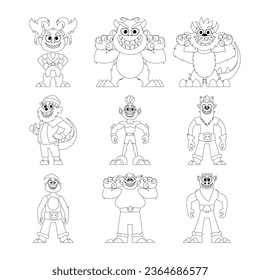 There are many strange and funny monsters in a big group. Childrens coloring page.