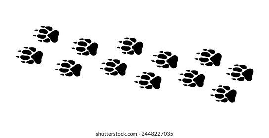 There are many traces of silhouettes of black paws of a wild wolf. Vector illustration