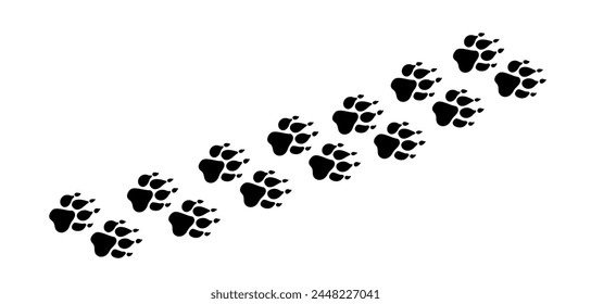 There are many traces of silhouettes of black paws of a wild wolf. Vector illustration