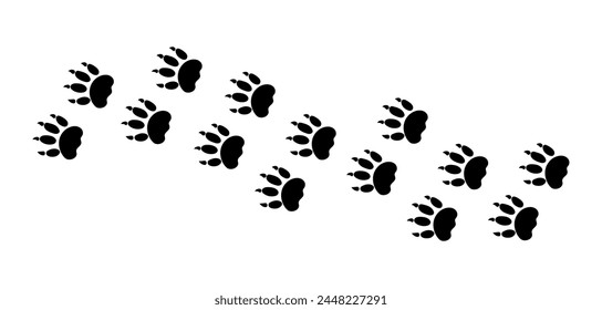 There are many traces of silhouettes of black paws of a wild tiger. Vector illustration