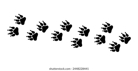 Hay muchos rastros de siluetas de patas negras de un animal salvaje - un perro. Ilustración vectorial