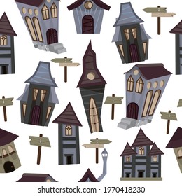There are many unusual and interesting houses here. Drawn city. Earthy colors. Vector illustration for website, books, banners. T-shirt with a print. The property. Story. A pattern of unusual houses.