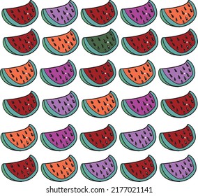 There are many watermelon pieces in the image. They have different colors of pulp with pits.