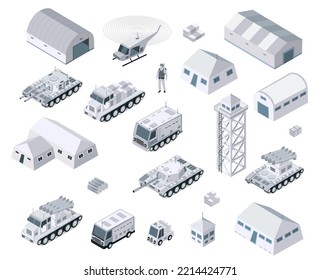 There are military set vehicles and war equipment in winter army armed troop graphic elements tank machine 3D illustration. It can be used for digital illustration and computer games.