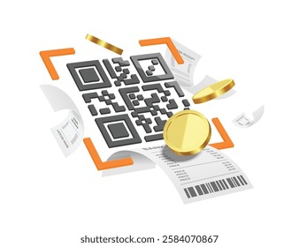 There is money or gold coins, receipt paper or statement coming out of the QR code. After scanning to pay for online purchases, vector 3d isolated for payment online, online shopping concept