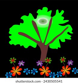 There is a moon behind a green tree and some flowers below
