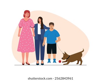 there was a mother and her two children, a boy and a girl, they were embracing each other, the boy was holding the dog's leash, the dog was playing ball.
design, vector, illustration