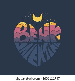 There is multicolored text on a dark background. Handwritten. Lettering. Text for Valentine's Day.