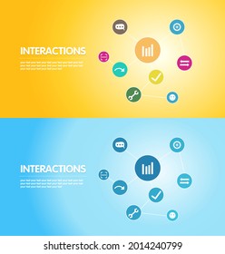 There are multiple objects in the chart that are related to each other, such as messages, charts, settings, directions, scans, arrows, expressions, checks, etc., vector graphics