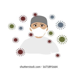 There is Muslim man wearing a protective mask to avoiding viruses illness and P.M 2.5 he standing middle of viruses.