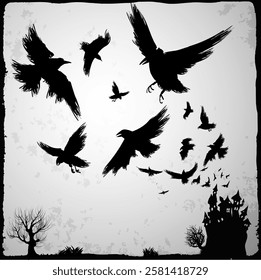 There was a mysterious abandoned dire house and a flock of scary crows in the gray sky. Halloween and vector template.