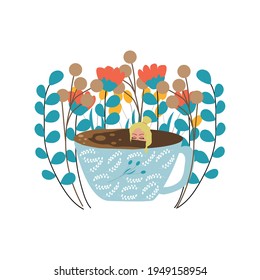 There is never enough coffee. A tiny girl lies in a coffee mug and drinks coffee. All around are different flowers and plants. Vector illustration on white background. 