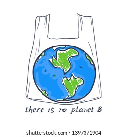 There is no planet B. Living plastic free. Earth, doodle by hand isolated on white background. Eco. Applicable for Banners, Poster. Ecology, pollution of nature. Vector