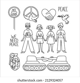 Es gibt keinen Krieg. Eine Reihe von Zeichnungen im Doodle-Stil. Contour anti-war lineare Illustration der Proteste gegen Menschen, zerbrochene Panzer, Friedenssymbol, Taube, Versöhnung, Handschlag. Handgezeichnete Kreativkunst
