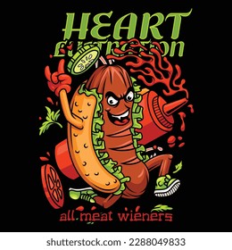 There is one hot dog that looks with a facial expression that is so excited by carrying a bottle of sauce.
