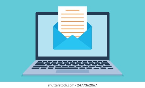 There is an open envelope with a letter on the laptop screen. Open email envelope. Vector graphics in sketchy style.