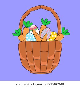 There are orange carrots and painted eggs in  brown basket. Easter drawing. Traditional family holiday. Easter egg hunt. One icon isolated on  blue background. Flat.