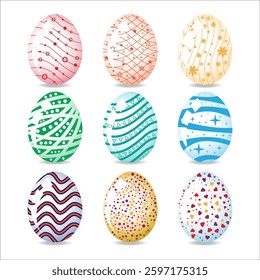 There are painted colorful Easter eggs in vector format. Geometric lines are used for design.
