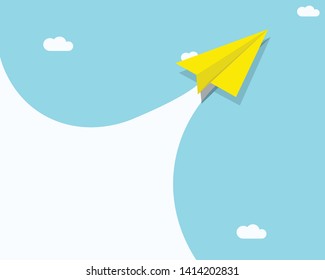 There is paper plane fly on light blue sky with white space for your text or copy 