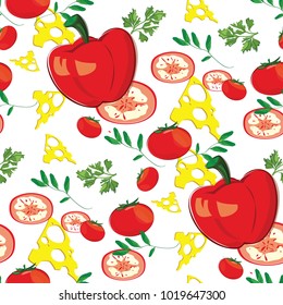 There are paprika, cherry tomatoes, cheese, basil and parsley leaves in excellent seamless pattern.