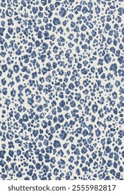 There is a pattern similar to a leopard pattern in blue and white colours. The pattern consists of blue spots of irregular shapes and different sizes.