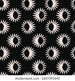 there is a pattern of symbols representing a white half-moon and the sun's rays on a black background, placed in a repeating pattern