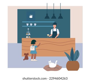 There are a lot of people, dogs and cats in the friendly pet cafe. Flat vector cartoon illustration.