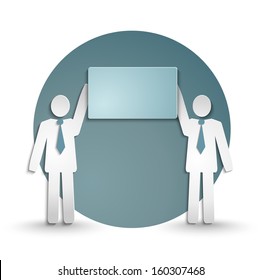 there are people with their hands up and keep the banner, office, paper stickers