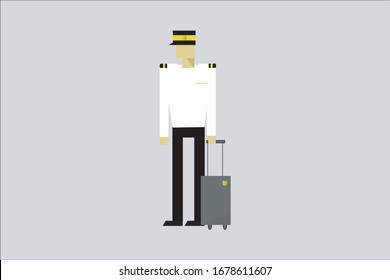 there pilot standing with his luggage.Isolated male pilot standing on grey background.