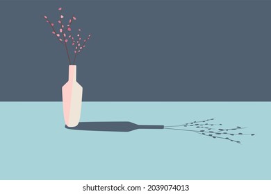 Un jarrón rosa con ramas de sakura sobre una mesa azul. Ilustración conceptual vectorial en un estilo minimalista. Composición de las flores. Sombra de objeto. Buen dibujo gráfico.