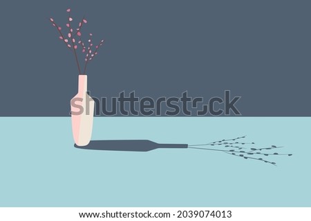 There is a pink vase with sakura branches on a blue table. Conceptual vector illustration in a minimalist style. Flower composition. Object shadow. Nice graphic drawing.