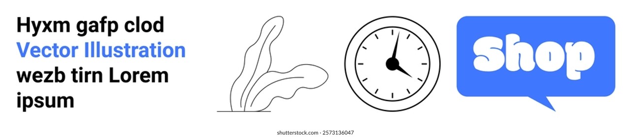 There is a plant, a clock showing 3 PM, and a blue speech bubble with the word Shop. Ideal for online retail, marketing, time management, e-commerce, and business promotions. Banner for landing page