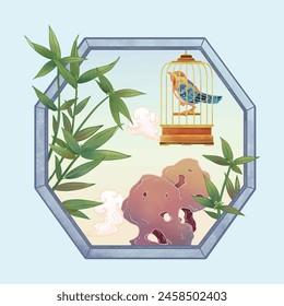 There are plants by the window and bird in the birdcage