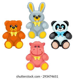 There are plush bear, bunny, panda and hippo / The plush toys sit and hold their paws raised
