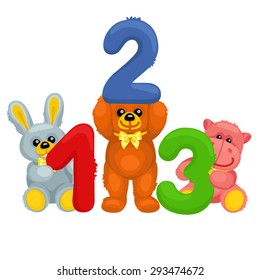There are plush bear, bunny, panda and hippo holding numbers

