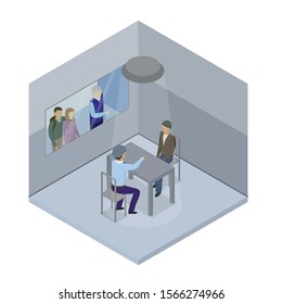 There Is A Policeman And A Suspect In The Interrogation Room. Outside The Window Of The Interrogation Room, The Victims Point To The Criminal. Isometric Style. Vector Illustration.