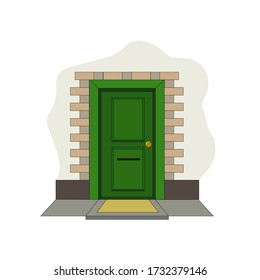 There is a porch of house – green main door made in vintage style, bricks, wall, foundation made as a vector illustration that can be good as a picture for booklets or as an element of design. 