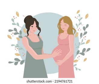 There is a pregnant woman in the picture. The gift of motherhood and friends support. Flat style illustration. 
