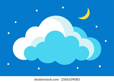 There is a prominent blue cloud featuring a crescent moon in the background