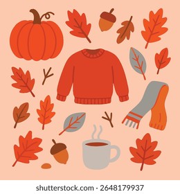 There is a pumpkin, sweater, scarf, leaves, acorns, and coffee