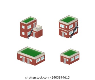 There is a red brick house. The image is a 3d isometric vector. Four different sized villas and family homes. These are old brick houses that can be found in Asia and Korea.