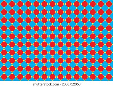 Hay un círculo rojo en un cuadrado amarillo sobre un fondo azul con un patrón.