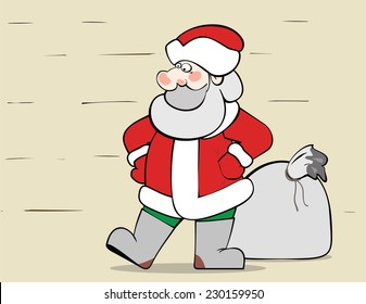 There is Santa Claus with a big sack of Christmas gifts.